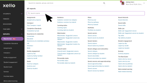 Educator account in Xello. The Reports hub is open with the search bar highlighted